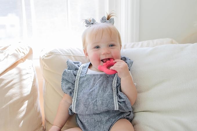 I Love You Silicone Hand Teether, Teethers for Babies 3-6 Months, Soft Teething Toys 6-12 Months bpa Free, Massaging Teething Relief (Electric Pink)