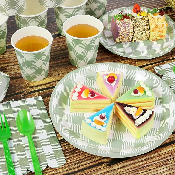 175 Pcs Sage Green Gingham Plates and Napkins Set, Sage Gingham Party Supplies with Paper Plates Napkins Cups Plastic Spoons Forks Knives for Wedding Picnic Baby Shower Decorations