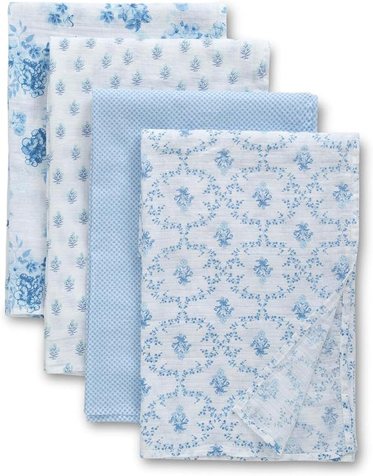 Delta Children 100% Cotton Muslin Baby Receiving Blankets for Girls and Boys – 47x47 Inches (Pack of 4), Blue Botanicals