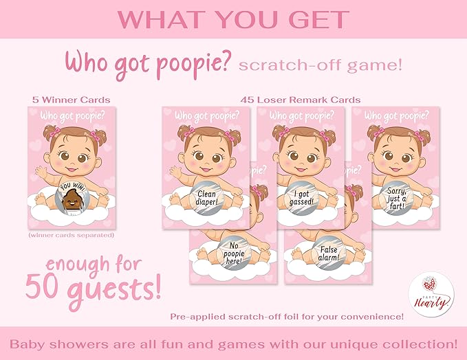 Fun Baby Shower Games for Girls - Poopie Emoji Scratch-Off Lottery Tickets - 50 Cards Hilarious and Engaging Baby Shower Activity