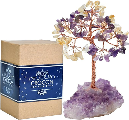 Amethyst & Citrine Gemstone - Tree of Life Crystal, Natural Amethyst Cluster Base, Positive Energy Feng Shui Decor, Copper Wire Chakra Tree, Good Luck Figurine, Spiritual Gift