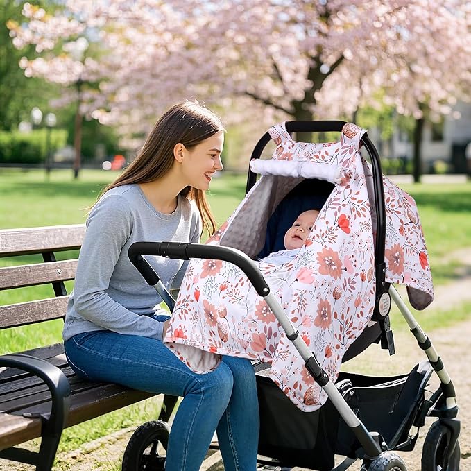 Car Seat Cover Baby, Carseat Covers Baby with 2 Layers Breathable Zipper Windows, Windproof Infant Car Seat Cover, Kick-Proof Baby Carrier Cover for Baby Girl Newborn Essentials