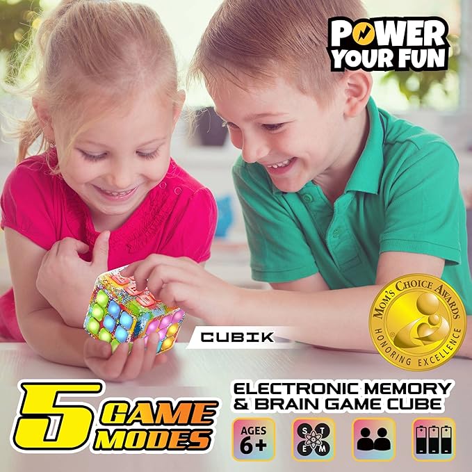 Power Your Fun Cubik LED Flashing Cube Memory Game - Electronic Handheld Game, 5 Brain Memory Games for Kids STEM Sensory Toys Brain Play Puzzle Fidget Light Up Cube Stress Relief Fidget Toy (Tie Dye)