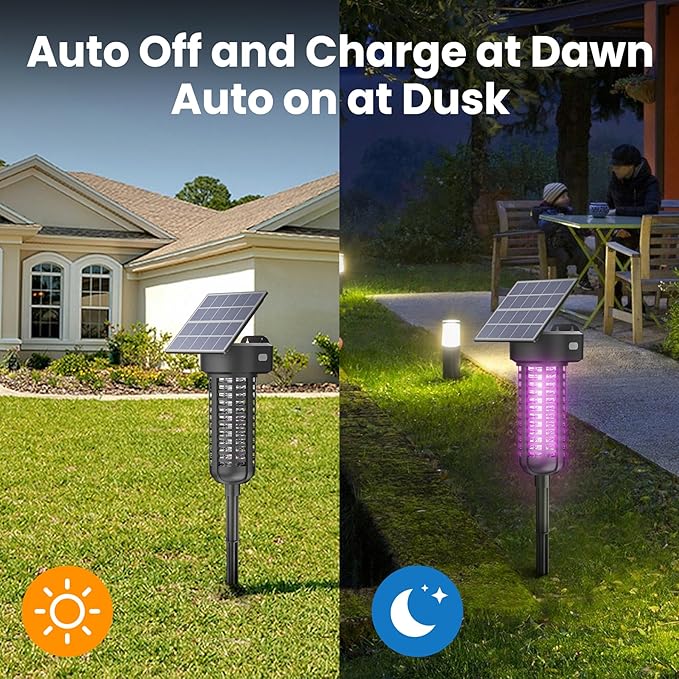 Solar Bug Zapper Outdoor 2 Pack, Garden Mosquito Zapper Waterproof & Cordless & Rechargeable & Auto On/Off,Flying Insect Zapper Mosquito Killer Lamp Catcher Decorative Light for Patio