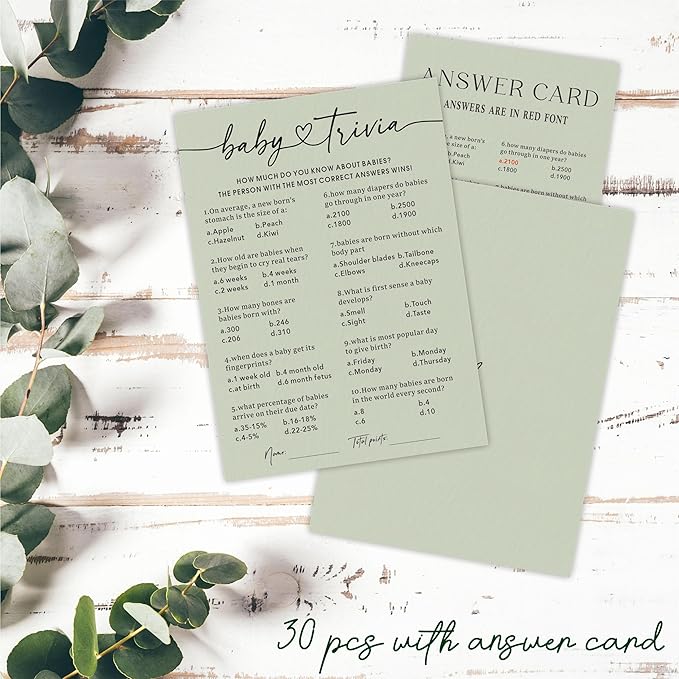 Baby Trivia Baby Shower Game Cards With Answer Card, Sage Green & Double-Sided Design, 30 Gender Neutral Game Cards For New Parents, Baby Shower Party, Baby Announcement, Party Favor & Decor - C12