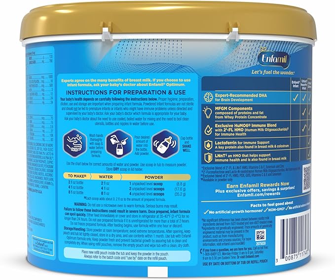 Enfamil Optimum (Enspire), Our Closest Formula to Breast Milk, Immune-Supporting Lactoferrin and Brain-Supporting DHA Baby Formula, Powder 20.5 Oz Tub