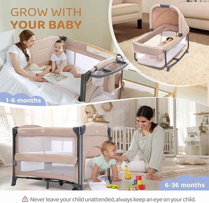 JOYMOR Twin Bassinet for Baby, Beige Bedside Bassinet, Convertible to Bedside Sleeper and Playpen, with Wheel, Brake, Foldable Side Sleeper,Beige