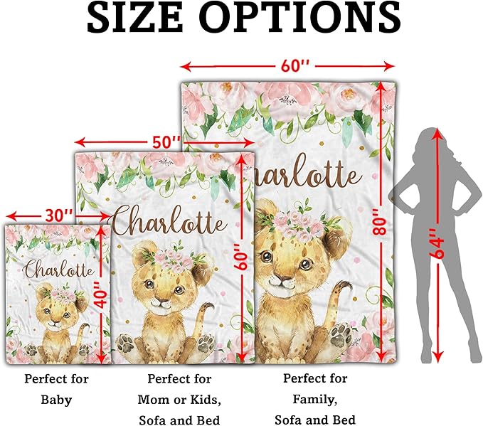 Arteaga Personalized Baby Blanket for Girls, Customized Lion Blanket, Super Soft Plush Fleece, 30''x40''