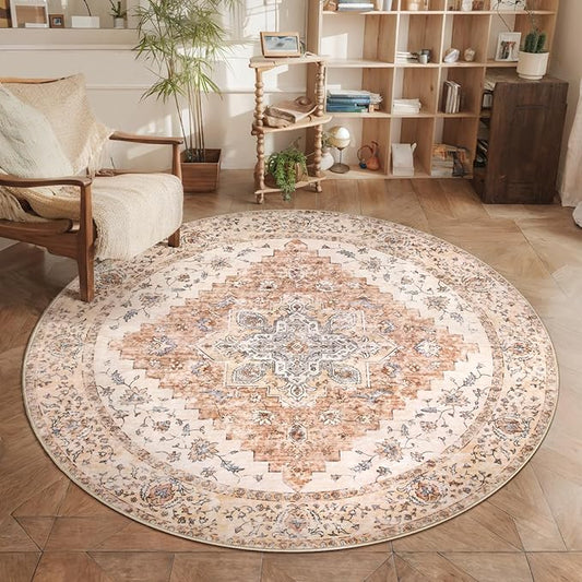 Ciicool Boho 5x5ft Round Area Rug Washable Bedroom Rug Non-Slip Oriental Entryway Throw Rug Low-Pile Indoor Carpet for Dining Room(Vintage Cream/Brick)