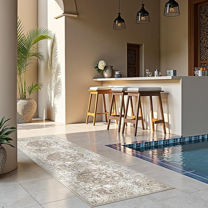 jinchan Runner Rug 2x8 Washable Hallway Rug Vintage Traditional Floor Cover Thin Taupe Multi Distressed Floral Indoor Mat for Kitchen Bathroom Bedroom Living Room