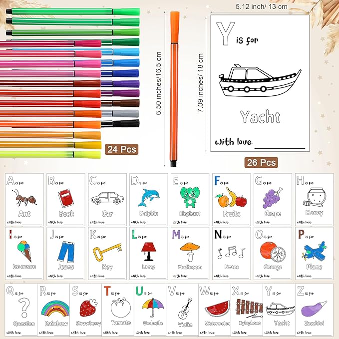 Geelin 51 Pcs Fun Baby Shower Game Activities First Abc Book Sign Coloring Game Card 26 Alphabet a to Z Coloring Card with 24 Watercolor Pen Storage Bag for Baby Shower Party(Boho)