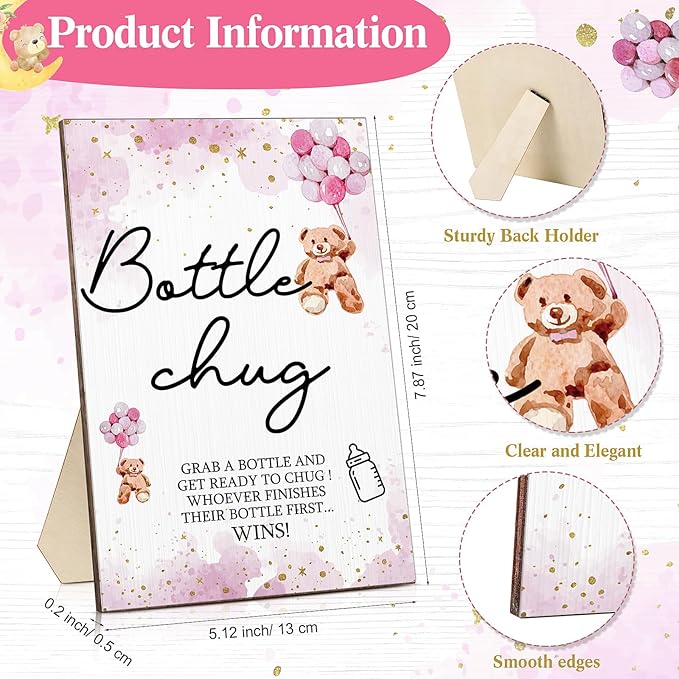 Roowest Bottle Chug Baby Shower Game Favors 12 Pcs Baby Bottles Shower Favor with 1 Wooden Sign for Gender Reveal Party Supplies Gifts(Lovely Bear)