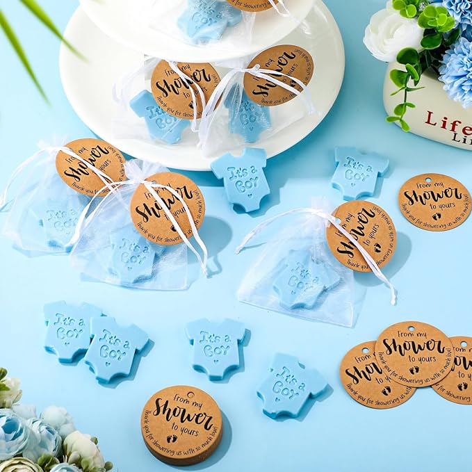 50 Sets Baby Shower Soap Favors for Guests Boy Girl Mini Handmade Scented Soaps with Thank You Tags and Organza Bags for Shower Gender Reveal Party Favors(It's A Boy,Blue Baby Shirt)