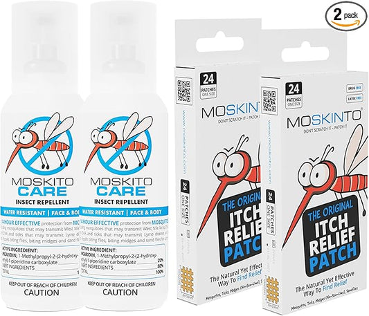 Moskinto Travel Pack & Moskito Care Insect Bug Spray Bundle, The Original Itch-Relief Bug Bite Patch & Extreme Outdoor Mosquito Bug Spray, Safe for Kids, 24 Patches, Pack of 2