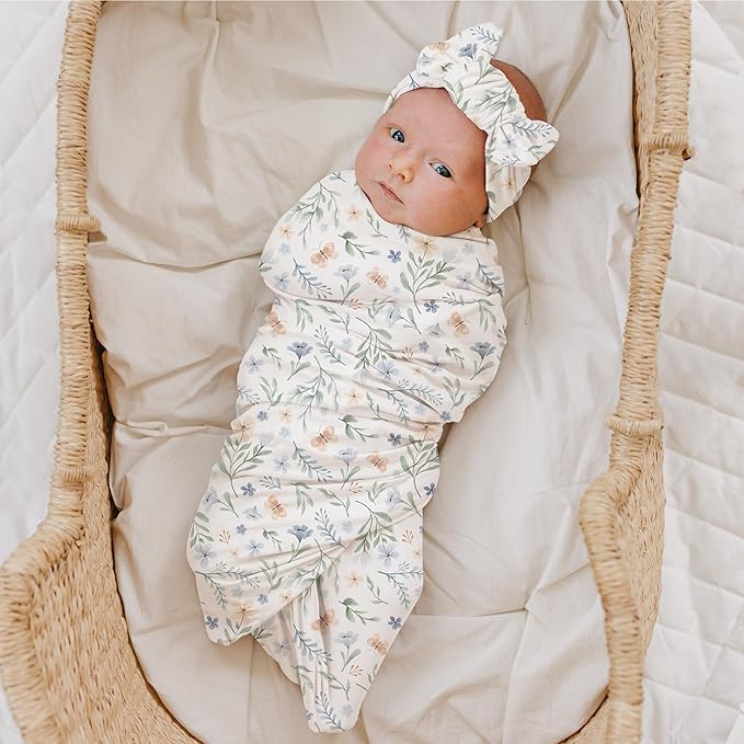 Konssy Baby Girl Newborn Receiving Blanket with Matching Headband and Beanie Set Baby Swaddle Nursery Swaddle Wrap