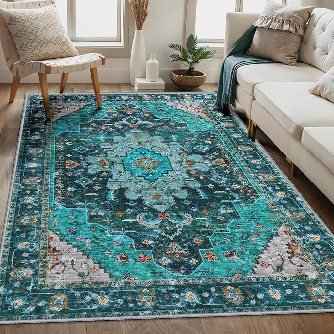 Ciicool Area Rug 5x7ft Washable Rugs for Living Room Non-Slip Indoor Rugs Large Low-Pile Mat Floor Carpet Vintage Rug for Bedroom Dinning Foyer Decor (Teal/Multi)