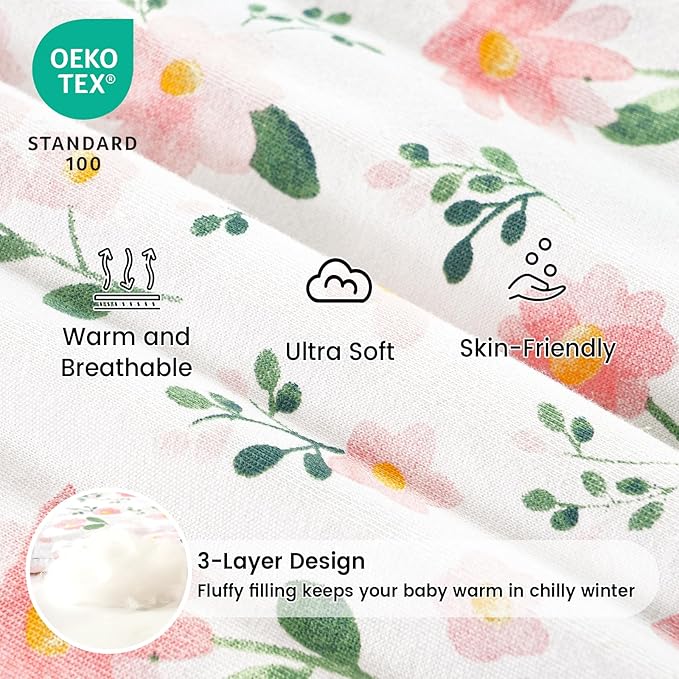 PHF 100% Cotton Baby Sleep Sack 12-18 Months, 2.5 TOG Winter Baby Wearable Blanket with 2-Way Zipper, Warm Comfy Quilted Sleeping Bags, Infant Sleeping Sack for Newborn Girls, Large Size, Floral