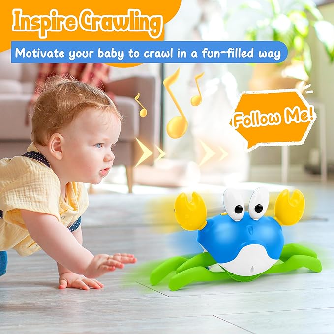 Crawling Crab Baby Toy, Increase Baby's Tummy Time Crab, Inspire Crawling, Automatic Obstacle, Rechargeable, Music, Speed Adjustment, Recording, Dancing Crab Toy for Kid's Sensory Development