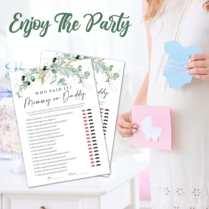 Baby Shower Game Cards - Set of 30 Mommy Or Daddy Game - Greenery Double Sided Print Baby Announcement Gender Reveal Card for Parents to Be - Baby Shower Party Activities Supplies - A11
