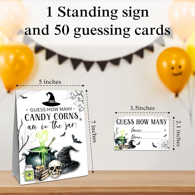 Halloween How Many Candy Corns Are In The Jar - 1 Standing Sign & 50 Guessing Cards - Halloween Witch Theme Party Game & Decoration For Boys, Girls, Adults - Baby Shower, Birthday Game Set - A07