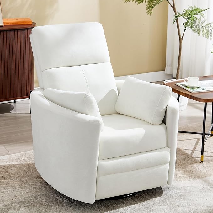 Swivel Rocker Recliner Chair, Manual Nursery Rocking Chair Upholstered Adult Rocking Chair with 2 Pillows for Living Room Bedroom (White, Manual Operation)