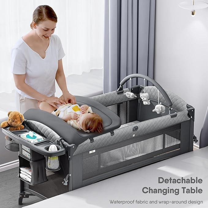 4 in 1 Baby Bassinet, Pack and Play, Bedside Crib Sleeper, Diaper Changer - Comes with Mattress, Mosquito Net,Bottom Storage and Toy Bar for Newborn to Toddles