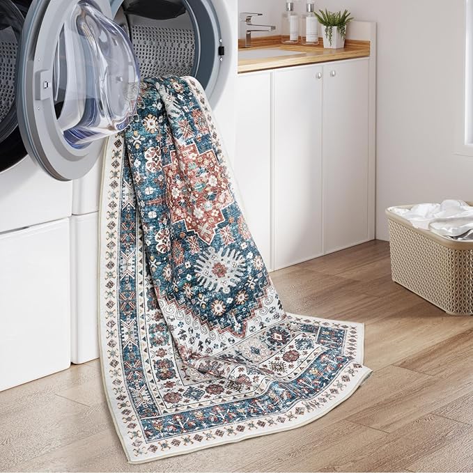 zesthome 8x10 Area Rugs for Living Room,Non-Slip Backing Washable Rugs,Vintage Large Area Rug,Stain Resistant Home Decor Rug (Navy Blue/Red,8'x10')