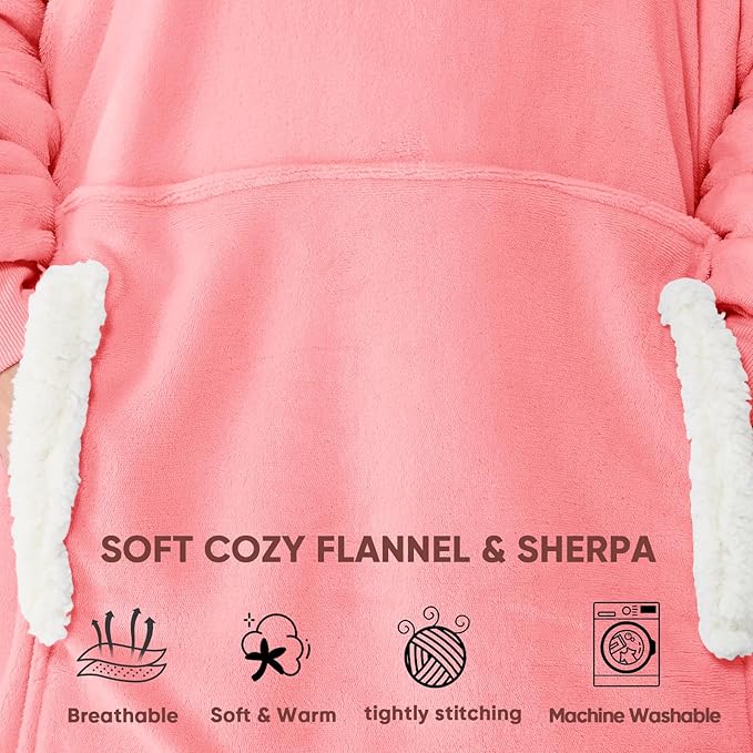 yescool Wearable Blanket Hoodie - Gifts for Women Her Girlfriend, Birthday Christmas Gifts For Mom, Oversized Flannel Sherpa Blanket Sweatshirt, One Size Fits All (Pink)