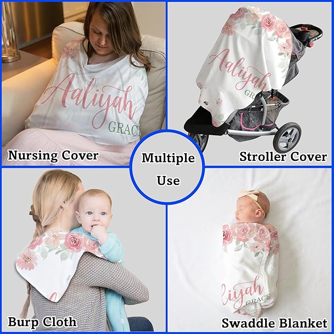 Arteaga Personalized Baby Blanket for Girls, Customized Floral Rose Blanket for Newborn, Super Soft Plush Fleece, 30''x40''