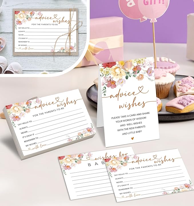 50Pcs Baby Shower Advice and Wishes Cards with Memory Guest Book – Sweet Messages for New Mom & Dad – Baby Shower Games, Party Decorations & Keepsake -A05