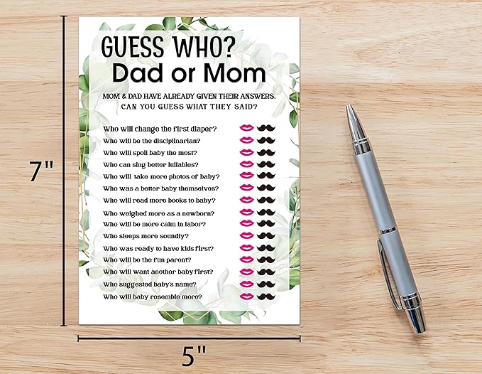 Baby Shower Game Cards, Guessing Who Dad or Mom Game, Tropical Jungle Theme Party Cards for Gender Neutral Boys or Girls, Set of 30 Cards(Green007)