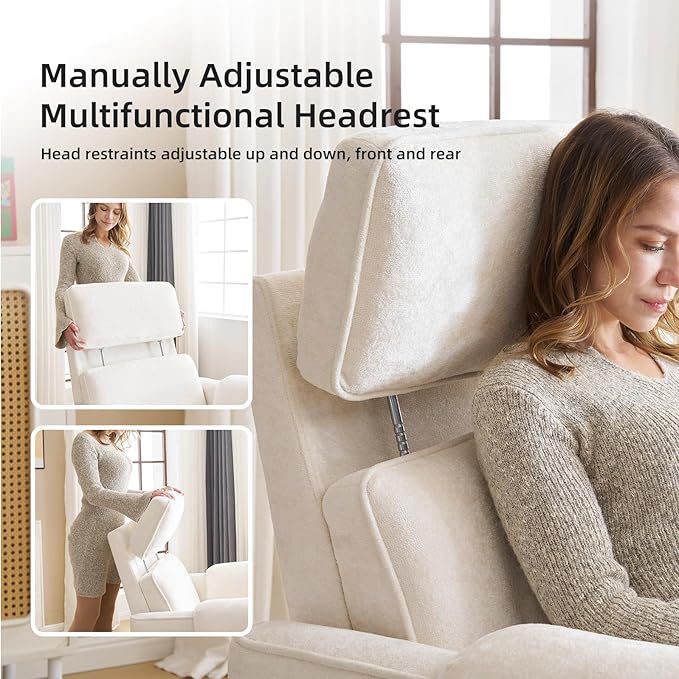 Oversized Power Recliner Chair, 26" Extra Wide Swivel Rocker Recliner with Adjustable Headrest, Chenille Glider Rocking Nursery Chair with Overstuffed Armrest, USB Ports, Cream