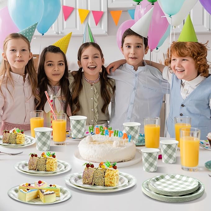 175 Pcs Sage Green Gingham Plates and Napkins Set, Sage Gingham Party Supplies with Paper Plates Napkins Cups Plastic Spoons Forks Knives for Wedding Picnic Baby Shower Decorations