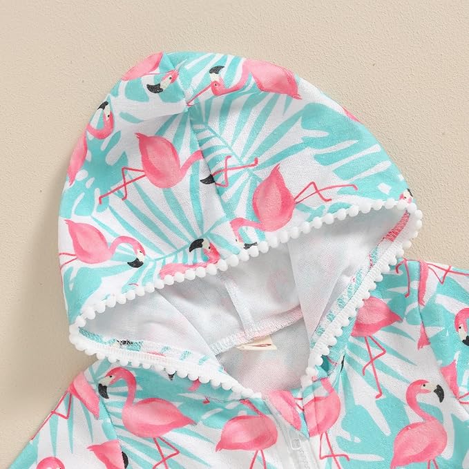 Girls Hooded Zip Terry Coverups Swimsuit Kids Baby Girl Floral Print Short Sleeve Swim Cover-Up Swimwear