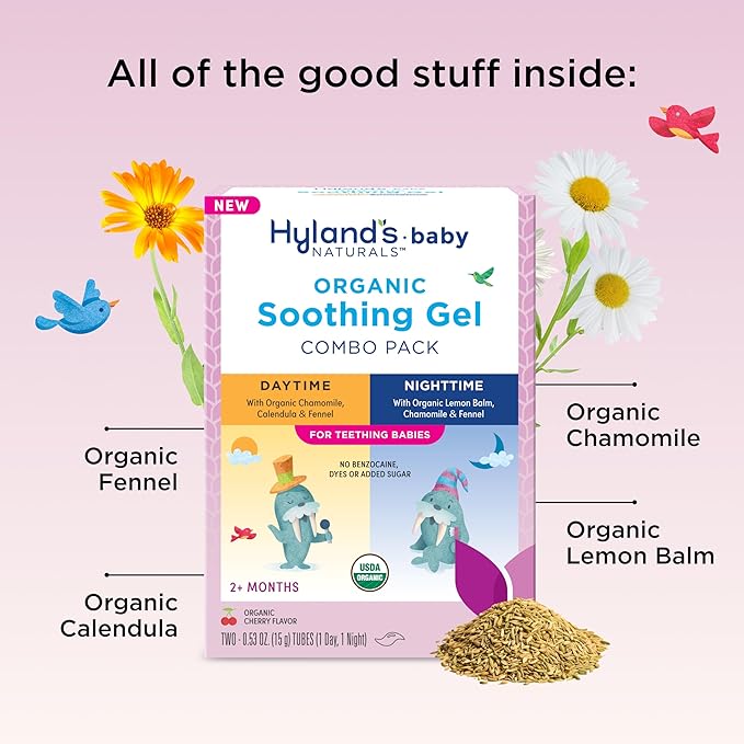 Hyland's Baby Organic Day and Night Soothing Gel Combo Pack, Cooling Gel for Oral Discomfort, Easy-to-Apply, Ages 2 Months and Up, 1.06 Ounce (2 Tubes of 0.53 oz.)