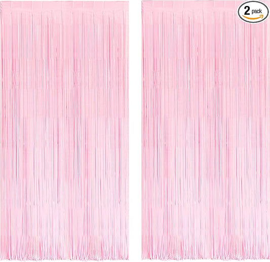 BRAVESHINE Pastel Pink Foil Fringe Curtains Tinsel Backdrop - 2 Pack Photo Booths Party Streamers Supplies for Halloweens/Boo Girls Princess Birthdays Bridal Shower Bachelorette Sweet Bow Decorations