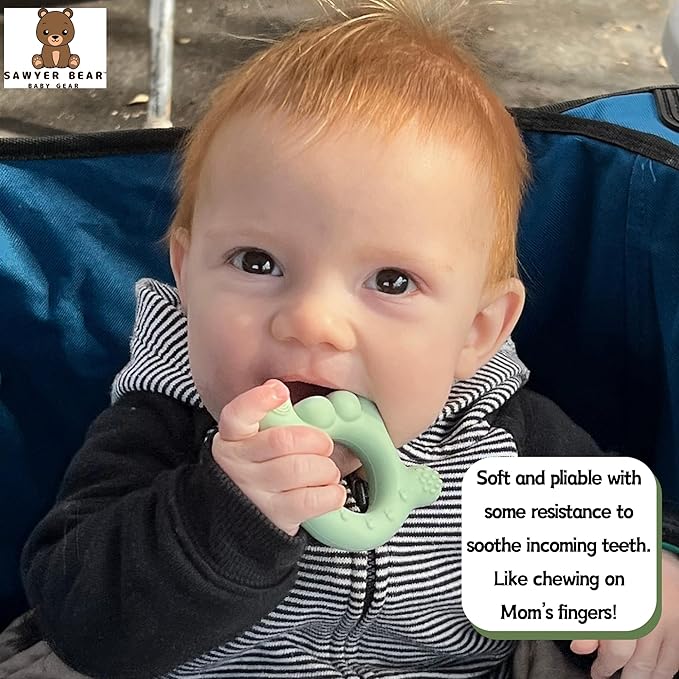I Love You Silicone Hand Teether by Sawyer Bear Baby Gear, Teethers for Babies 3-6 Months, Soft Teething Toys 6-12 Months bpa Free, Massaging Teething Relief (Light Green)