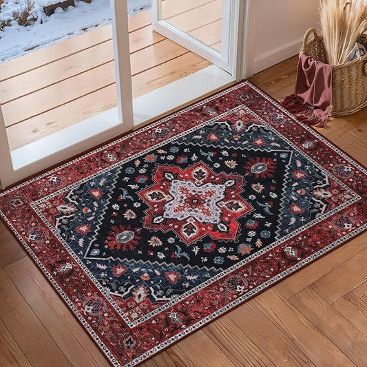 Ciicool Washable Vintage Area Rug, 2x3ft Small Boho Rug, Ultra Soft Rugs for Entryway, Non-Slip Entry Rugs Oriental Low-Pile Indoor Mat Floor Carpet for Entrance Bedroom Kitchen Bathroom Foyer Decor