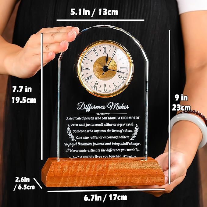 Difference Maker Glass Clock Gifts, Thank You Gift for Coworker Boss Mentor Leader Teachers Employee with Wooden Light Base, Crystal Difference Maker Plaque Appreciation Keepsake for Women Men