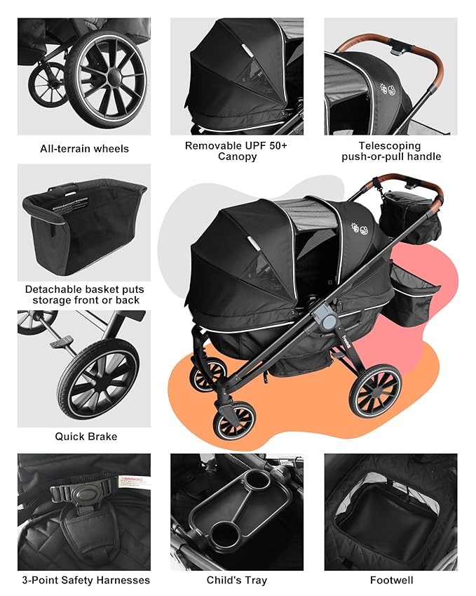 Tandem Wagon Stroller–All-Terrain 2-in-1 Push&Pull Design, Double Seat, Large Storage, Adjustable Canopy, Removable Child Tray for Kids Outdoor Adventures&Family Outings