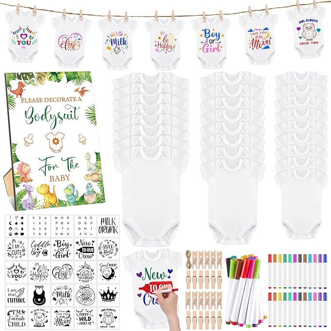 Panitay 126 Pcs Baby Shower DIY Bodysuit Set Rustic Kraft Baby Shower Game Sign DIY Bib 25 Blank White Newborn Bodysuit 25 Stencils 24 Marker 1 Sign 50 Pins for Gender Reveal(Dinosaur)