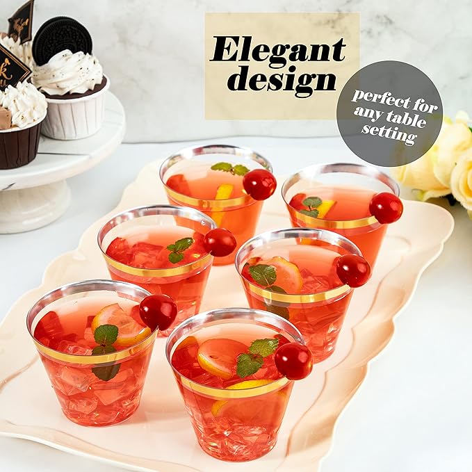 WDF 200 Pack Gold Plastic Cups - 9 Oz Elegant Clear Plastic Cups Gold Rimmed - Fancy Disposable Party Cup Wedding Cup Drinking Tumblers Cocktail Glasses