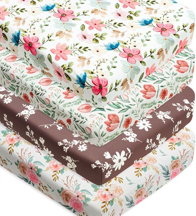4 Pack Baby Girl Crib Sheets Set Soft Fitted Floral or Elephant Theme Baby Girl Mattress Covers Breathable Toddler Bed Sheets for Infant or Newborn Girls (Flower, Crib Sheets)