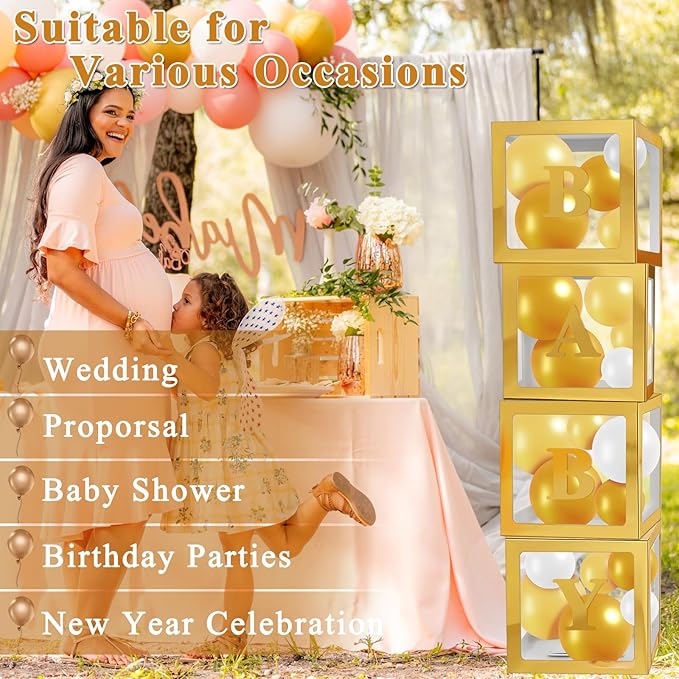Ledido Gold Baby Boxes with Letters for Baby Shower, 4Pcs Clear Balloon Boxes with 43 Letters for Gender Reveal Birthday Wedding Baby Shower Decorations