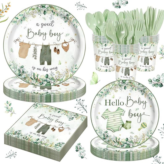 140Pcs Greenery Gender Reveal Baby Shower Supplies Party Boho Greency Party Decorations Tableware Set Dessert Plates Napkins Forks for 20 Guests