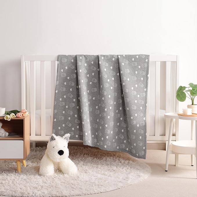 NTBAY 3 Layer Muslin Cotton Toddler Blanket, Jacquard Reversible Nursery Bed Blanket, Super Soft and Thermal for All Seasons, Decoration Gift, 30"x40", Dark Grey Rabblt