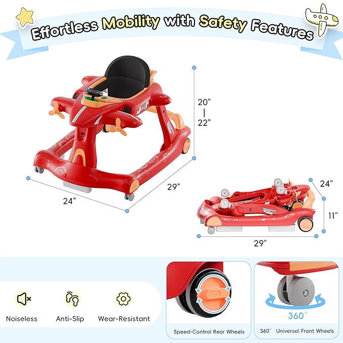 Xilingol 6-in-1 Baby Walker with Wheels, Adjustable Height & Speed Activity Walker with Padded Seat, Foldable Walker for Babies, Toddler Push Walkers for Boy & Girl 6-18 Months, Music & Light