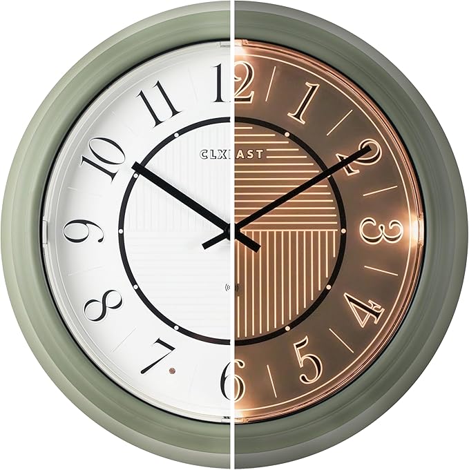 CLXEAST 14" LED Illuminated in/Outdoor Atomic Analog Wall Clock with Night Light,Coastal Beach Nautical Wall Clocks for Outdoor Patio Garden Decor, Olive Sage Green Finish