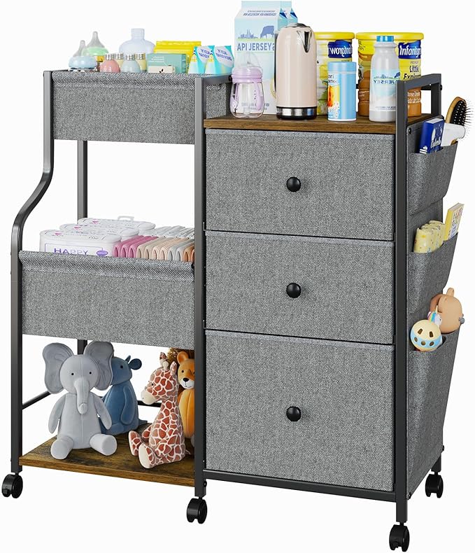 Baby Diaper Caddy, 3 Tier Baby Organizer and Storage Cart with Dividers and Drawers, Mobile Utility Rolling Cart, Newborn Baby Essentials Storage Cart with Wheels for Nursery, Bedroom, Grey