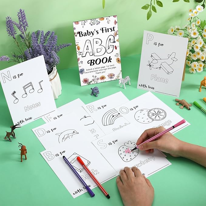 Geelin 51 Pcs Fun Baby Shower Game Activities First Abc Book Sign Coloring Game Card 26 Alphabet a to Z Coloring Card with 24 Watercolor Pen Storage Bag for Baby Shower Party(Wildflowers)